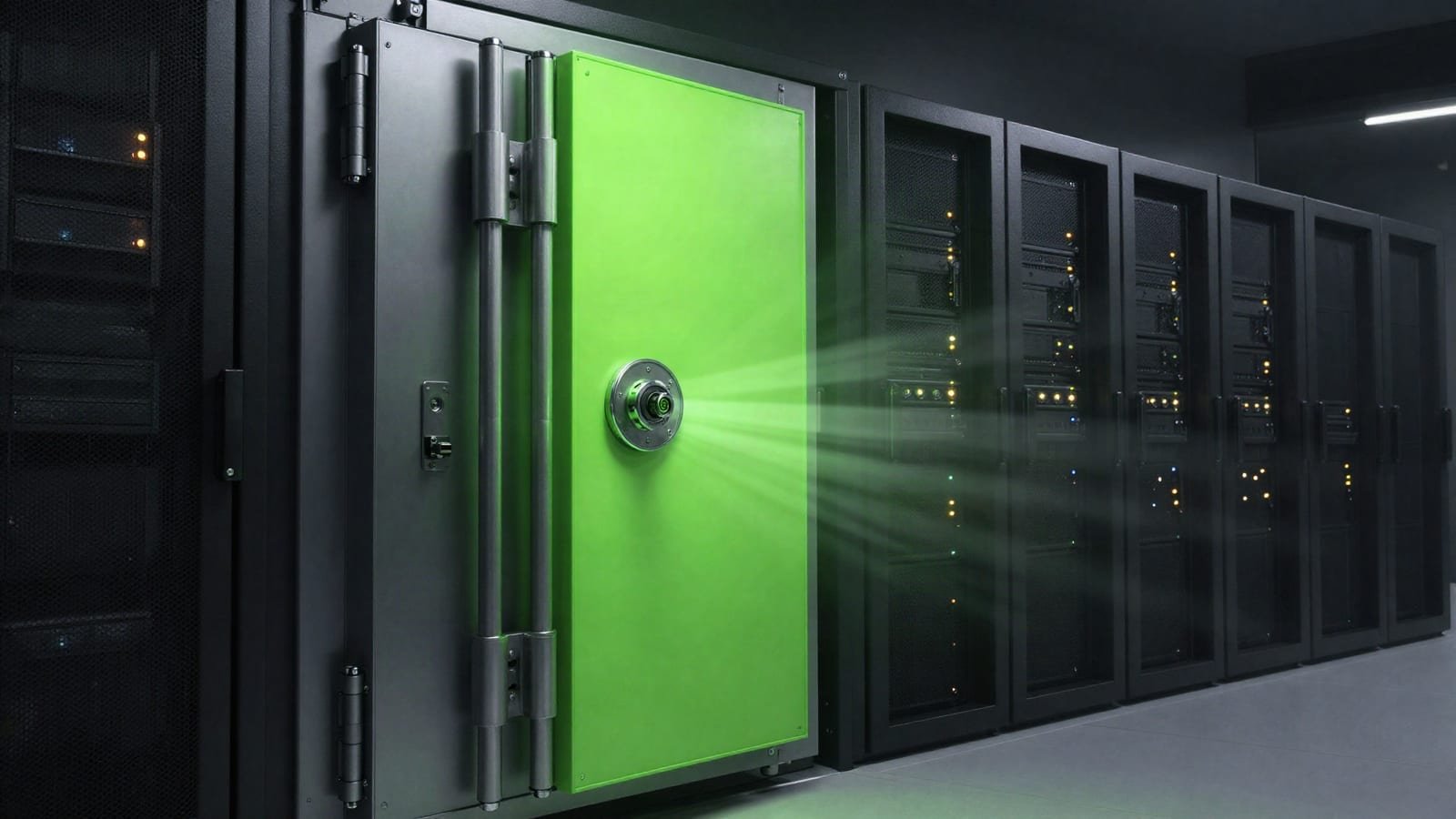 A secure vault door in a dark server room with a glowing lock panel