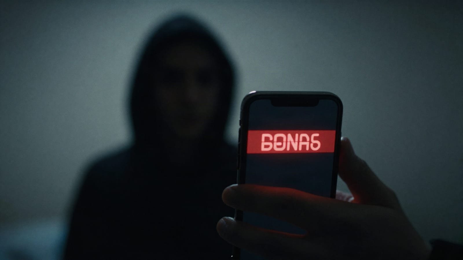 A phone screen glowing warning red in a dark room