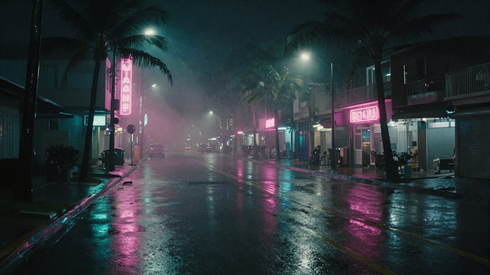 A rain slicked neon lit street at night with palm trees