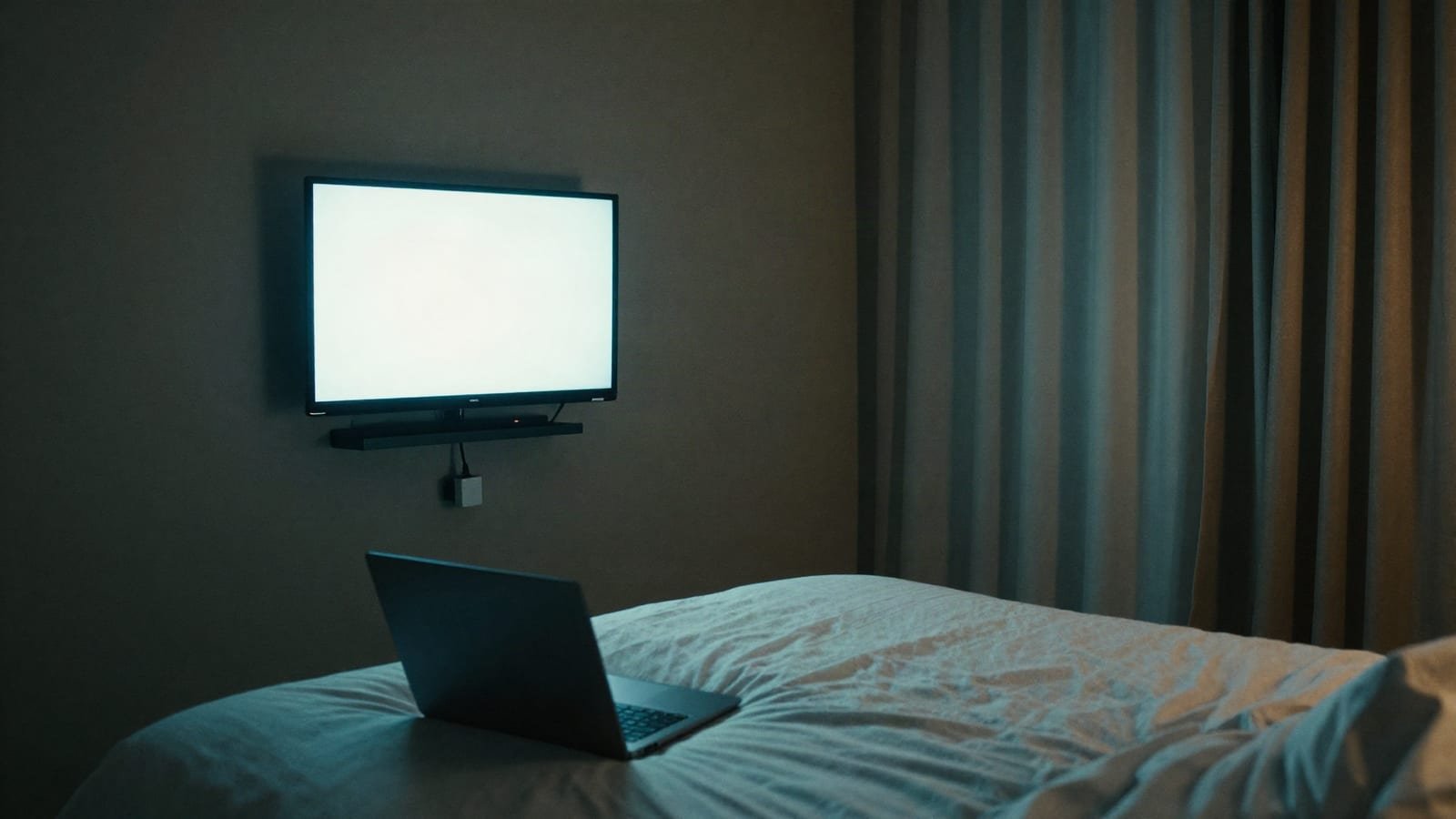 A dim hotel room with a glowing television and a laptop on the bed