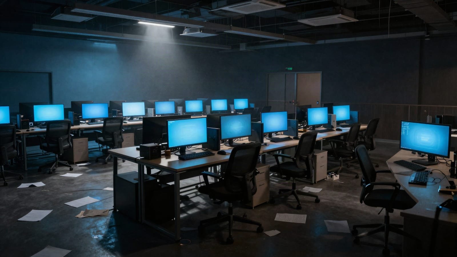 An empty studio office at night with monitors still glowing