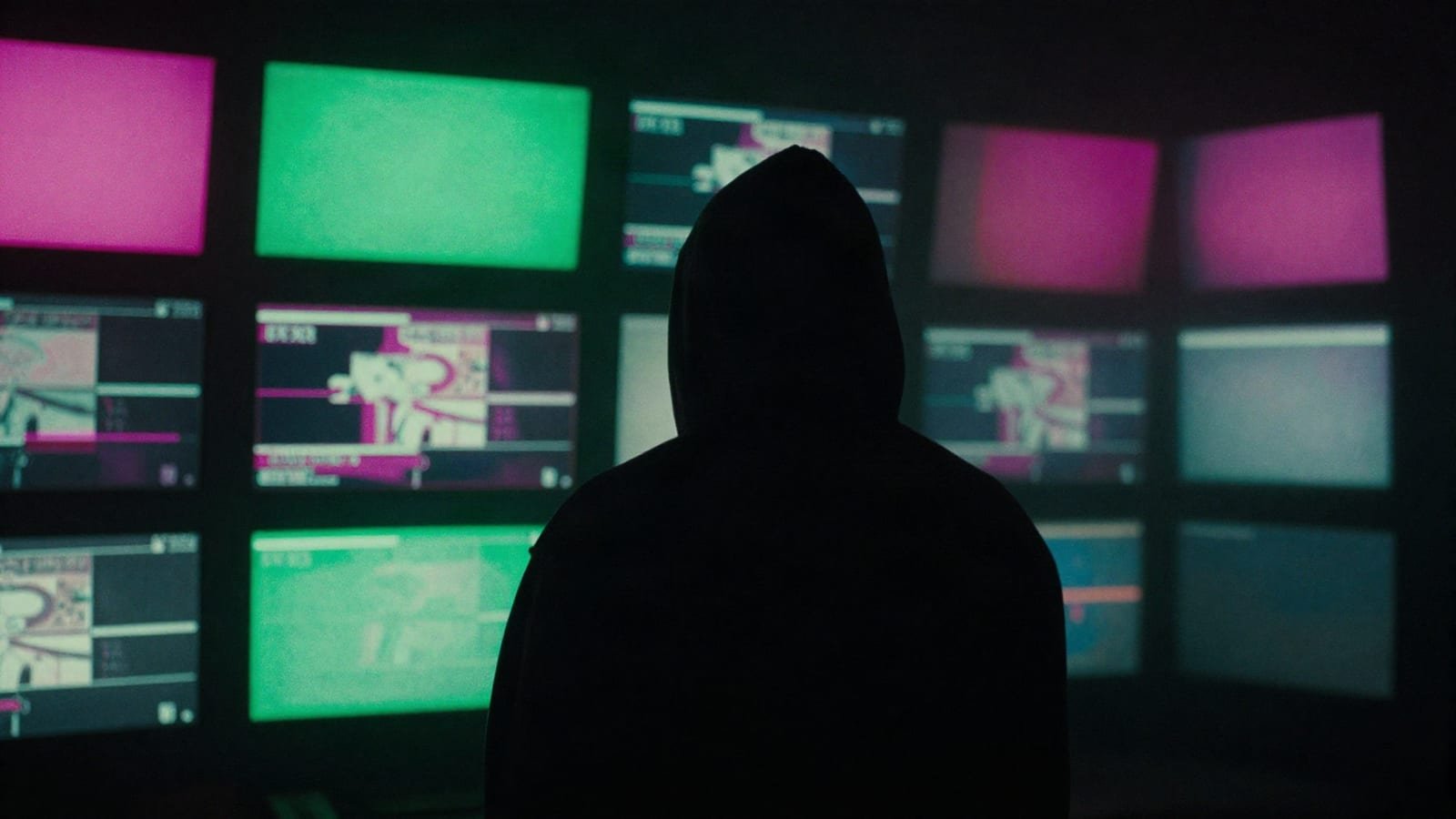 A hooded figure silhouetted against a wall of glitching monitors